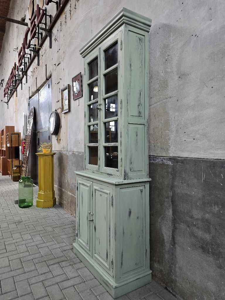 Vintage Groen Grijze Vitrine Kast | Hoge Buffetkast Hout, Huis en Inrichting, Kasten | Vitrinekasten, Antiek Retro Vintage Brocante Landelijk