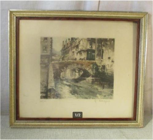 Mooie Ets 'Oude Brug' - gesigneerd, Antiek en Kunst, Kunst | Etsen en Gravures, Ophalen of Verzenden
