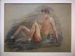 Pastelkrijt. Zittende man. 1952. Gesigneerd., Ophalen of Verzenden