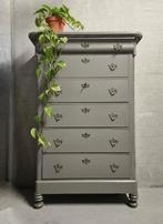 Antieke grijze Biedermeier chiffonaire vintage hoge ladekast, Ophalen of Verzenden