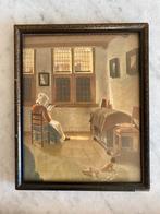 Oud vintage schilderijtje P. de Hoogh ‘Lezende vrouw’, Minder dan 50 cm, Onbekend, Ophalen of Verzenden, Onbekend