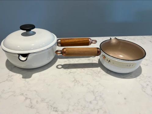 2 steelpannetjes, Le Creuset La Mama 14 en 17 cm, Huis en Inrichting, Keuken | Potten en Pannen, Zo goed als nieuw, Koekenpan of Braadpan