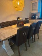 Landelijke kloostertafel met 3 stoelen en zitbank., Huis en Inrichting, Ophalen of Verzenden, Gebruikt, Landelijk, 4 tot 6 stoelen
