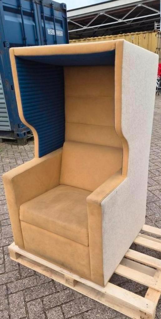 akoestisch design stoel beige/blauw, Huis en Inrichting, Fauteuils, Gebruikt, Stof, Ophalen