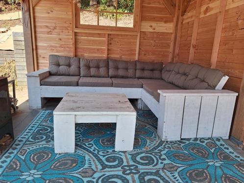 Steigerhouten loungeset - inclusief kussens en tafel, Tuin en Terras, Tuinsets en Loungesets, Gebruikt, Steigerhout, Bank, Ophalen