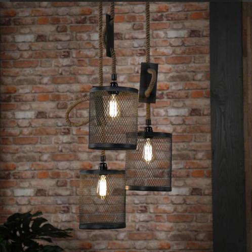 **Set van 3 Stoere Industriële Hanglampen met Touwdetail - Z, Huis en Inrichting, Lampen | Hanglampen, Nieuw, Minder dan 50 cm