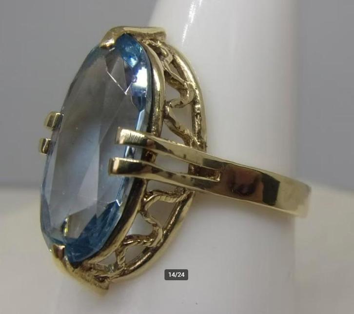 Art Deco ring, goud, blauwe Topaas, UNIEK, Sieraden, Tassen en Uiterlijk, Antieke sieraden, Ring, Goud, Met edelsteen, Verzenden