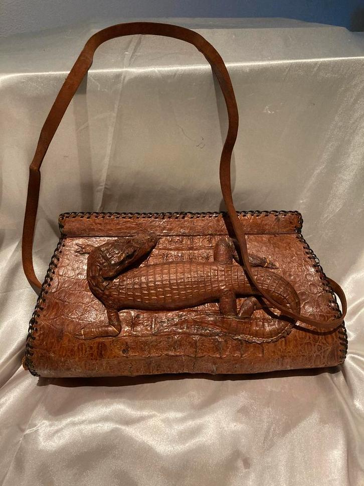 Unieke Alligator Lederen Handtas, Sieraden, Tassen en Uiterlijk, Tassen | Damestassen, Zo goed als nieuw, Handtas, Bruin, Ophalen of Verzenden