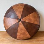 Vintage ''Patchwork'' Lederen Kussen, Woonkussen, Rond, Ophalen of Verzenden, Gebruikt, Bruin, Rond