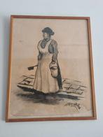 Oude tekening van een vrouw met emmer en borstel, Ophalen of Verzenden