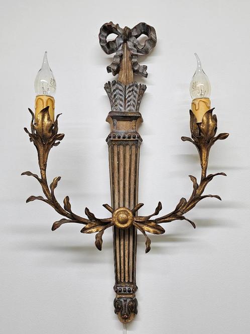 Antieke wandlamp applique met strik * hout verguld metaal, Huis en Inrichting, Lampen | Wandlampen, Gebruikt, Hout, Metaal, Ophalen of Verzenden