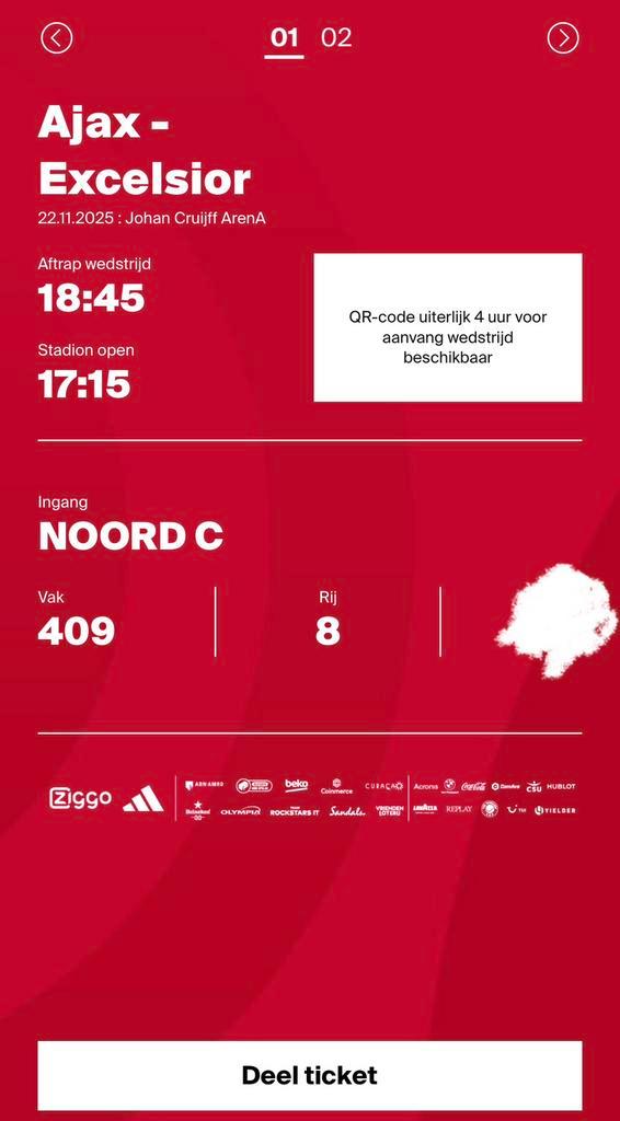 Ajax - Excelsoir 2 tickets naast elkaar vak 409, Tickets en Kaartjes, Sport | Voetbal, Twee personen, November, Losse kaart