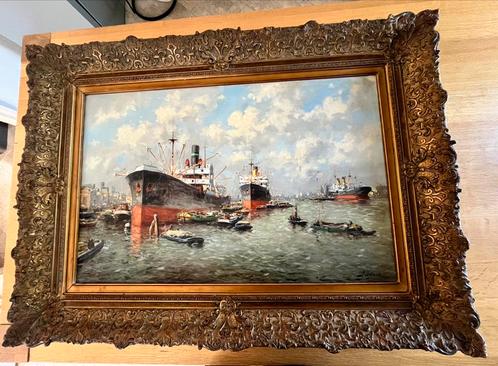 Klassiek schilderij J van Delden Rotterdamse haven, Antiek en Kunst, Kunst | Schilderijen | Klassiek, Ophalen