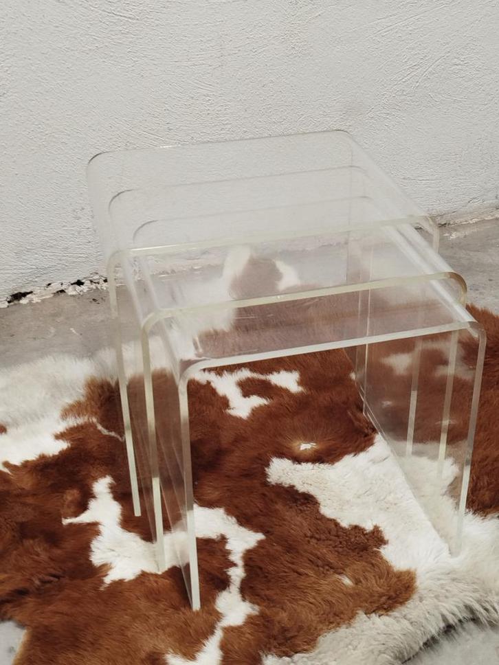 3 plexi bijzettafeltjes, Huis en Inrichting, Tafels | Sidetables, Gebruikt, 25 tot 50 cm, Minder dan 50 cm, Vierkant, Ophalen of Verzenden