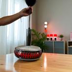 Vintage chromen UFO luster / hanglamp met oranje accent, Huis en Inrichting, Lampen | Hanglampen, Ophalen, Minder dan 50 cm
