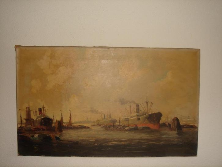 Large oil - Adrianus Verveen (1912-1988), Harbor view., Antiek en Kunst, Kunst | Schilderijen | Klassiek, Ophalen of Verzenden