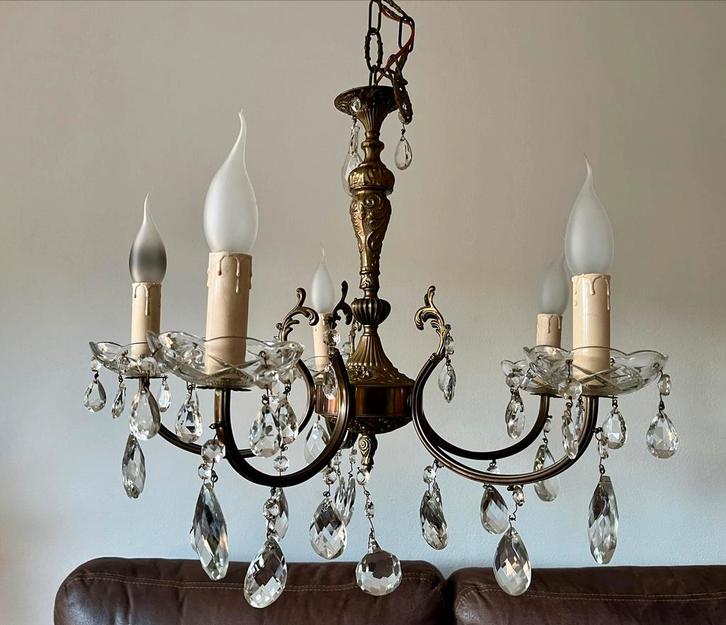 Vintage messing rococo kroonluchter met kristalglas 6 armen, Huis en Inrichting, Lampen | Kroonluchters, Gebruikt, Glas, Metaal