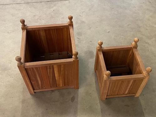Hardhout bloembakset 2 stuks met bodem en sierknopjes, Tuin en Terras, Bloembakken en Plantenbakken, Nieuw, Hout, Binnen, Balkon