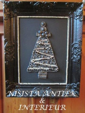 Kerst Schilderij Kerstboom met Parels Zwarte Lijst 52 x 41 beschikbaar voor biedingen