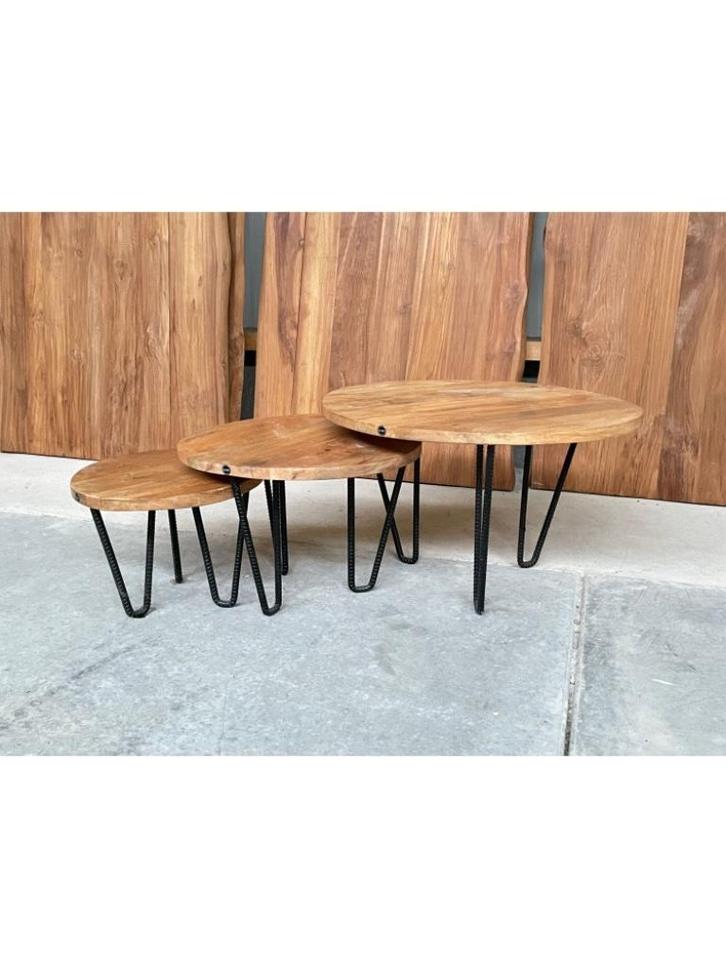 Salontafels industrieel set van 3 mango, Huis en Inrichting, Tafels | Salontafels, Nieuw, Minder dan 50 cm, 50 tot 100 cm, 50 tot 100 cm