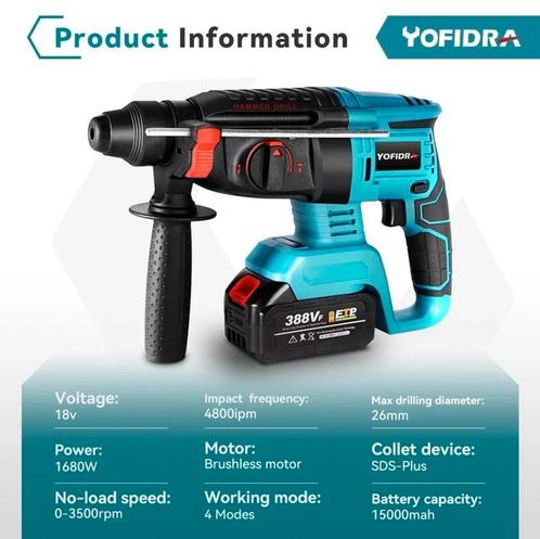 Yofidra accuklopboor machine met 2 batterijen, Doe-het-zelf en Verbouw, Gereedschap | Boormachines, Nieuw, Ophalen