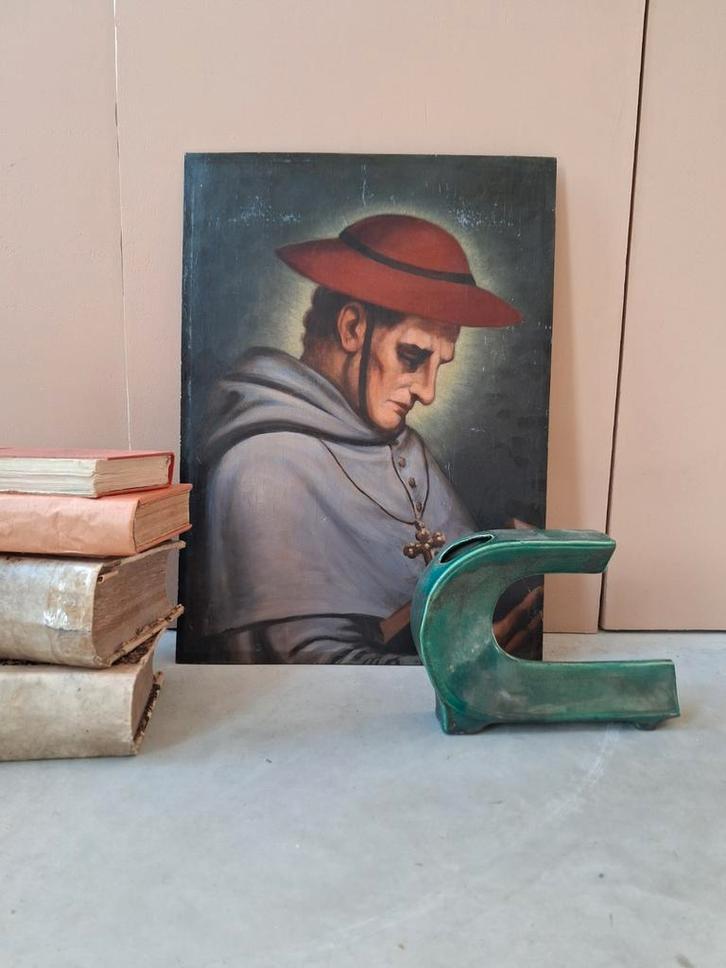 Schilderij Jan Theuns monnik heilige paneel antieke, Antiek en Kunst, Antiek | Religie, Ophalen of Verzenden