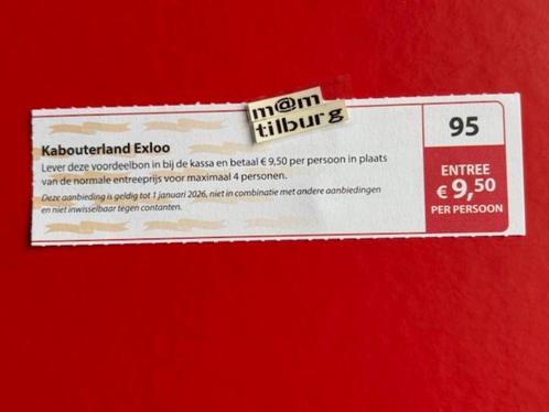 Bon 95 Kabouterland Exloo entree €9,50 p.p., Tickets en Kaartjes, Kortingen en Cadeaubonnen, Drie personen of meer, Overige typen