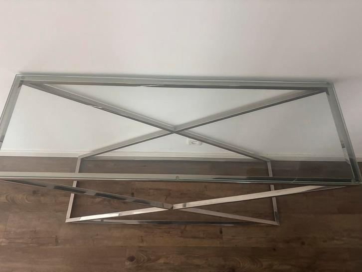 Stijlvolle Cross Sidetable - Glas & RVS, Huis en Inrichting, Tafels | Sidetables, Nieuw, 100 tot 150 cm, Rechthoekig, Glas, Ophalen