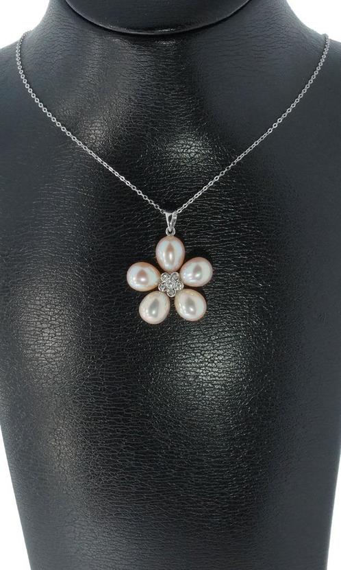 Rozet 6 diamanten parel 18k wit gouden fraaie parel hanger, Sieraden, Tassen en Uiterlijk, Antieke sieraden, Hanger, Goud, Met edelsteen