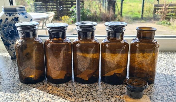 5 Nieuwe Bruine Apothekerspotten van Glas, Huis en Inrichting, Keuken | Keukenbenodigdheden, Nieuw, Ophalen of Verzenden