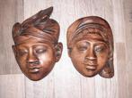 Balinees bruidspaar houten wandkopjes man en vrouw, Antiek en Kunst, Ophalen of Verzenden