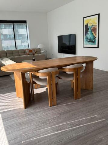 Japandi eikenhouten eettafel (180-220) + 4 design stoelen beschikbaar voor biedingen