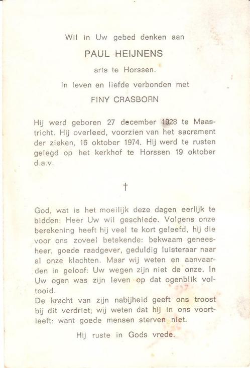 Maastricht 1928 - Horssen 1974 Paul Heijnens, Verzamelen, Bidprentjes en Rouwkaarten, Bidprentje, Ophalen of Verzenden