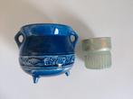 Vintage Potjes - Blauw Aardewerk & Groen Glas, Huis en Inrichting, Woonaccessoires | Vazen, Gebruikt, Blauw, Aardewerk of Porselein