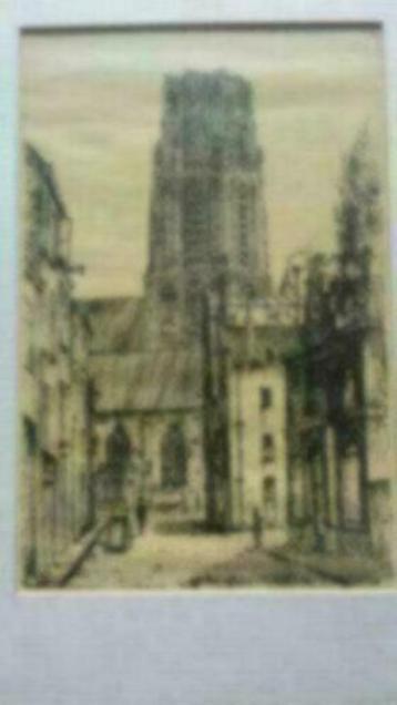 tekening prent stadsgezicht zonder lijst in paspartout. beschikbaar voor biedingen