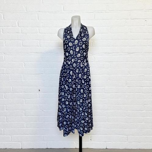 Vintage Jurk Maat 12 Donkerblauw Wit Retro Print Halter Look, Kleding | Dames, Jurken, Gedragen, Maat 42/44 (L), Blauw, Onder de knie