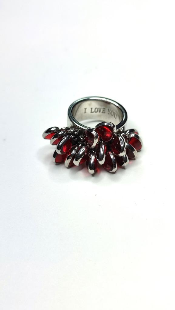 Zilveren ring van Swatch met rode glazen hartjes eraan, Sieraden, Tassen en Uiterlijk, Ringen, Zo goed als nieuw, Dame, 17 tot 18