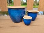 Mooi set van 3 azuurblauwe, geglazuurde bloempotten, Ophalen, Tuin, Rond, Aardewerk