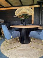 Luxe ronde eettafel (acaciahout) + 4 velvet stoelen z.g.a.n, Huis en Inrichting, Tafels | Eettafels, Ophalen, Metaal, Rond, Zo goed als nieuw