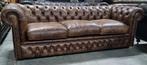 Vintage Chesterfield bank 2.15 meter bruin leer + BEZORGING, Gebruikt, Chesterfield, Ophalen of Verzenden, Rechte bank