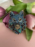 Broche wolf blauw met steentjes, Sieraden, Tassen en Uiterlijk, Broches, Nieuw, Met strass, 4 tot 7 cm, Blauw