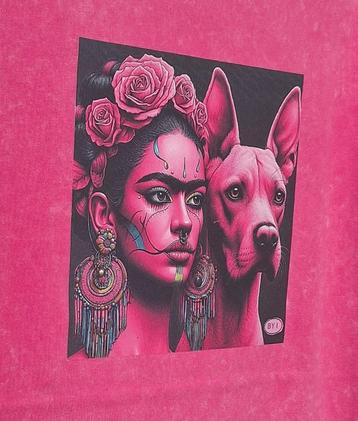 dames t-shirt roze gewassen vintage katoen kunst FRIDA hond beschikbaar voor biedingen
