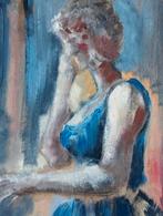 Gouache verf op papier 20e eeuw vrouw met blauwe jurk, Verzenden