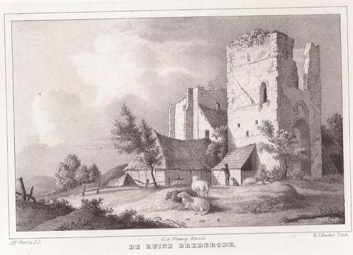 De Ruine Brederode Litho H.J. Backer ca. 1850, Antiek en Kunst, Kunst | Etsen en Gravures, Ophalen of Verzenden