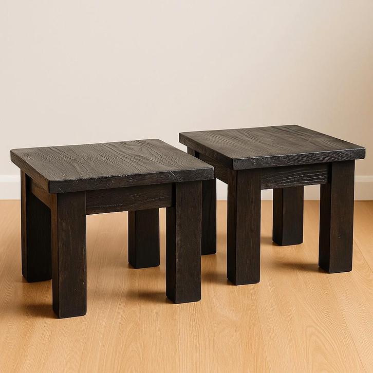 2x massief houten salontafel/bijzettafel/nachtkastje handgem, Huis en Inrichting, Tafels | Salontafels, Zo goed als nieuw, Minder dan 50 cm