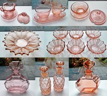 8x Antiek Roze Glas oa Schaal Parfumfles Jampot - Zie Omschr beschikbaar voor biedingen