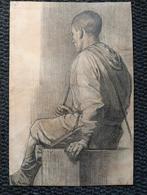 19e eeuw - Studie tekening - Man zittend op een kist  - Gesi, Antiek en Kunst, Kunst | Schilderijen | Klassiek, Ophalen of Verzenden