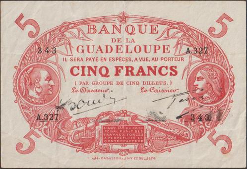 Guadeloupe 5 francs ND(1945) F+ p.7e (# 50), Postzegels en Munten, Bankbiljetten | Amerika, Los biljet, Midden-Amerika, Verzenden
