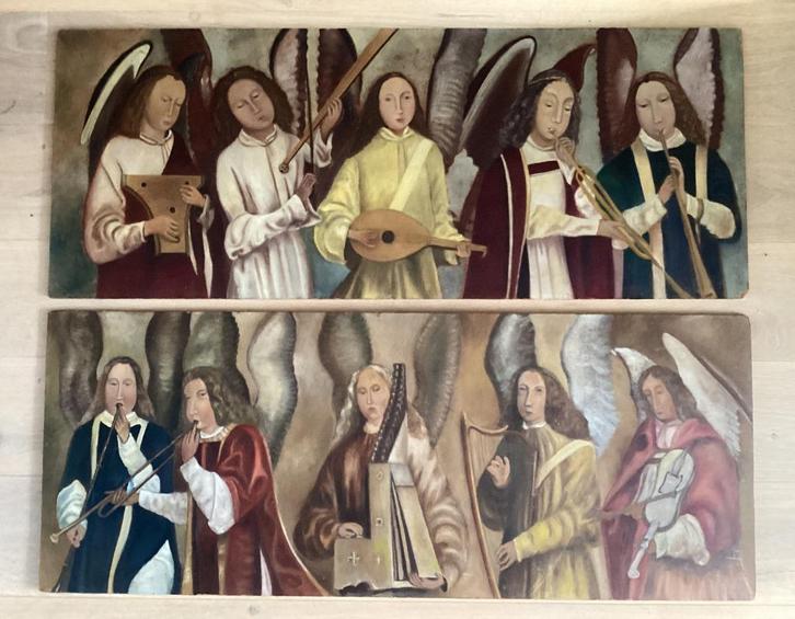 2 x Religieus olieverf op paneel/board, musicerende engelen, Antiek en Kunst, Kunst | Schilderijen | Klassiek, Ophalen of Verzenden