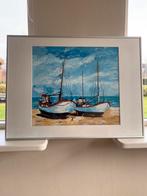 Schilderij met twwe scheepjes op het strand, Antiek en Kunst, Ophalen of Verzenden